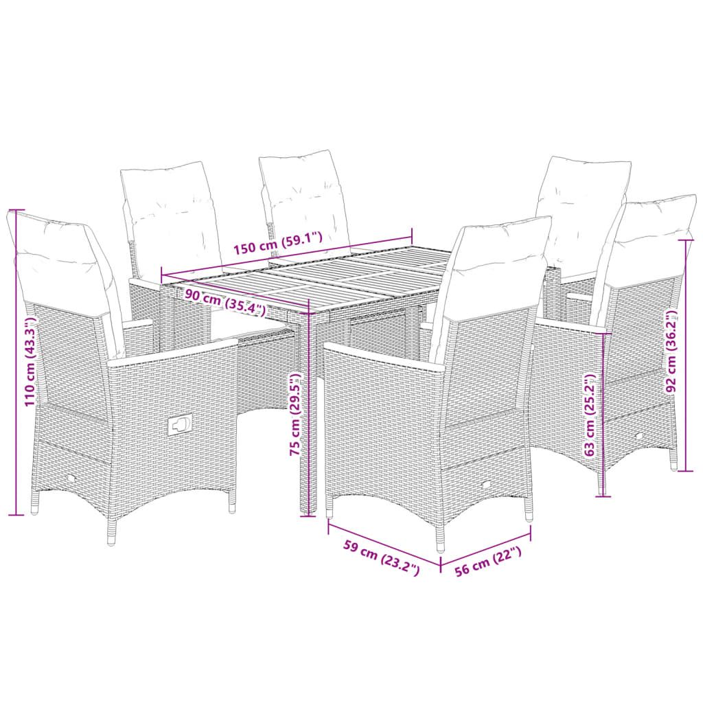 7-dijelni vrtni blagovaonski set s jastucima crni od poliratana Crna 150 x 90 x 75 cm