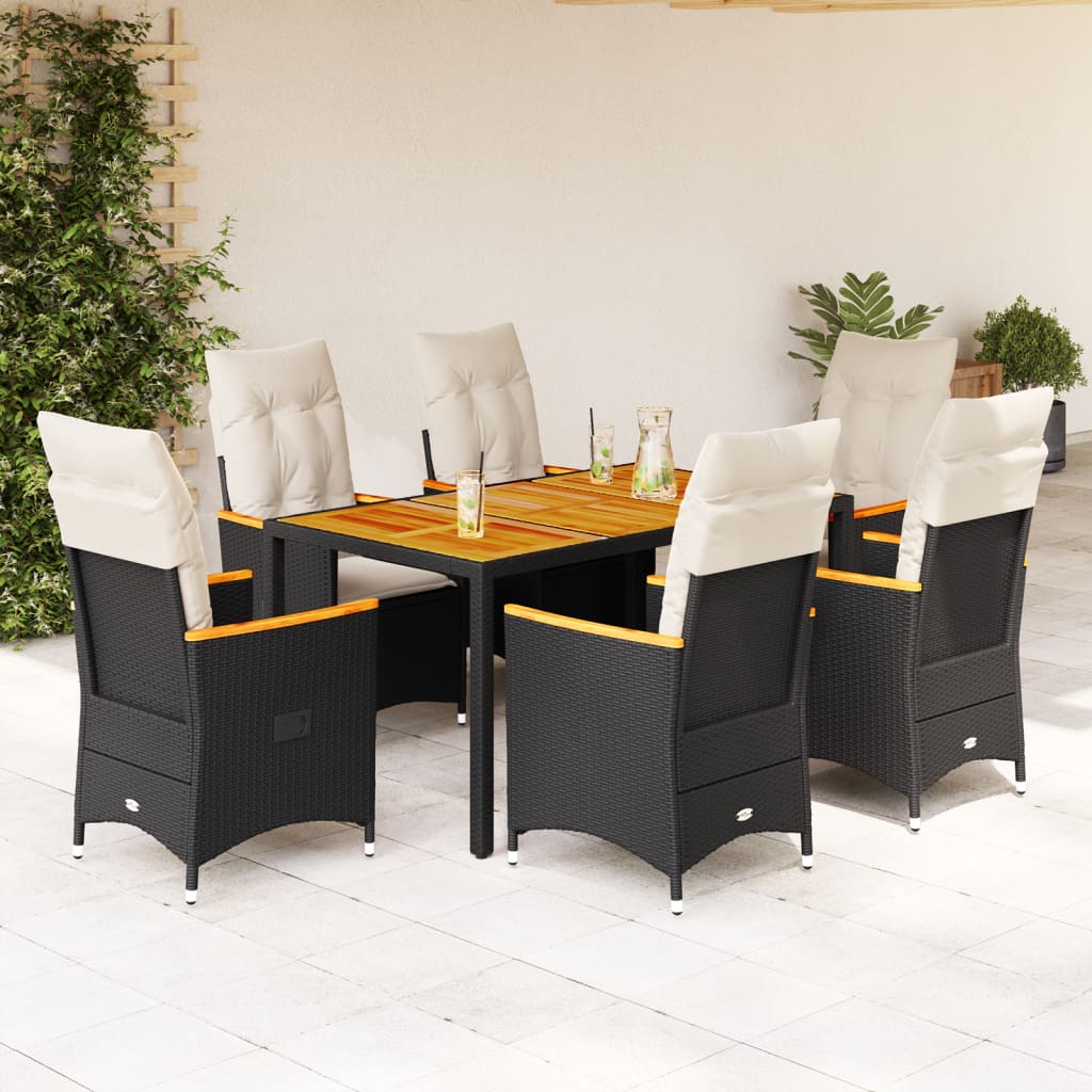7-dijelni vrtni blagovaonski set s jastucima crni od poliratana Crna 150 x 90 x 75 cm