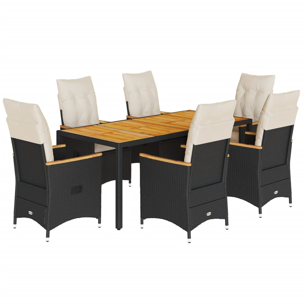 7-dijelni vrtni blagovaonski set s jastucima crni od poliratana Crna 190 x 90 x 75 cm