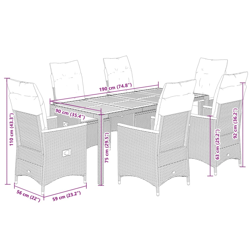7-dijelni vrtni blagovaonski set s jastucima crni od poliratana Crna 190 x 90 x 75 cm