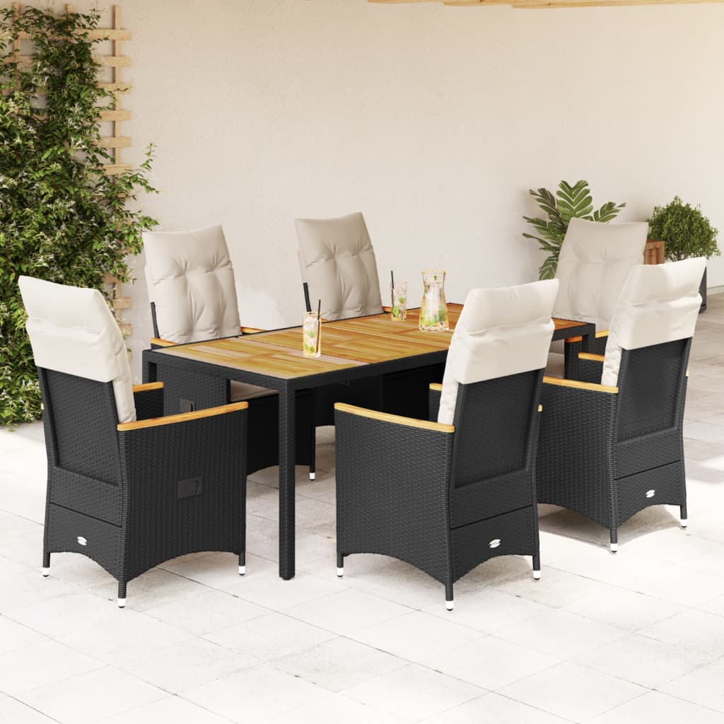 7-dijelni vrtni blagovaonski set s jastucima crni od poliratana Crna 190 x 90 x 75 cm