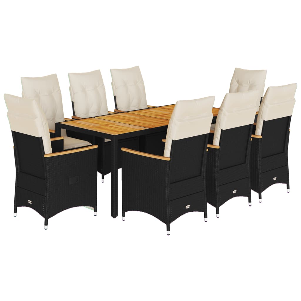 9-dijelni vrtni blagovaonski set s jastucima crni od poliratana Crna 190 x 90 x 75 cm