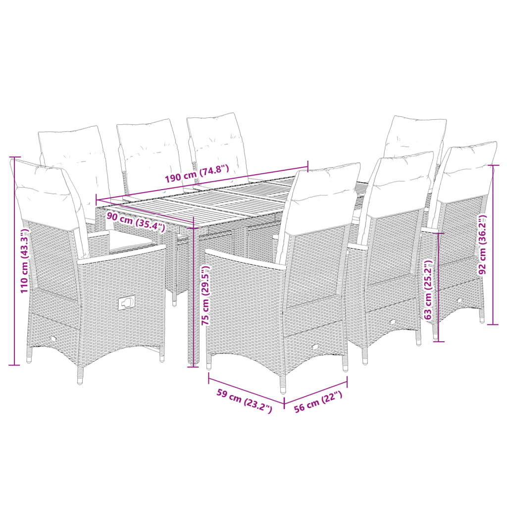 9-dijelni vrtni blagovaonski set s jastucima crni od poliratana Crna 190 x 90 x 75 cm