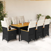 9-dijelni vrtni blagovaonski set s jastucima crni od poliratana Crna 190 x 90 x 75 cm