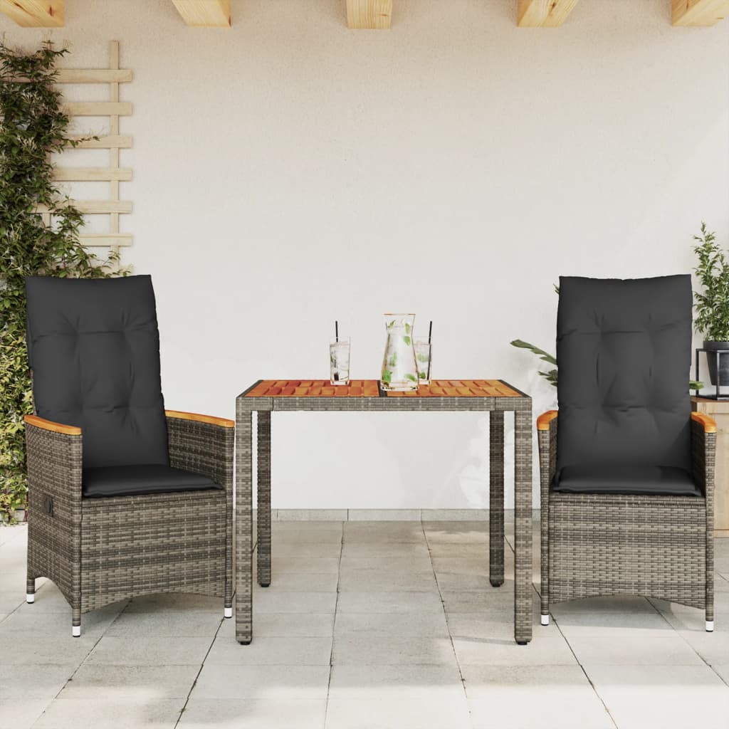 3-dijelni bistro set od poliratana s jastucima sivi
