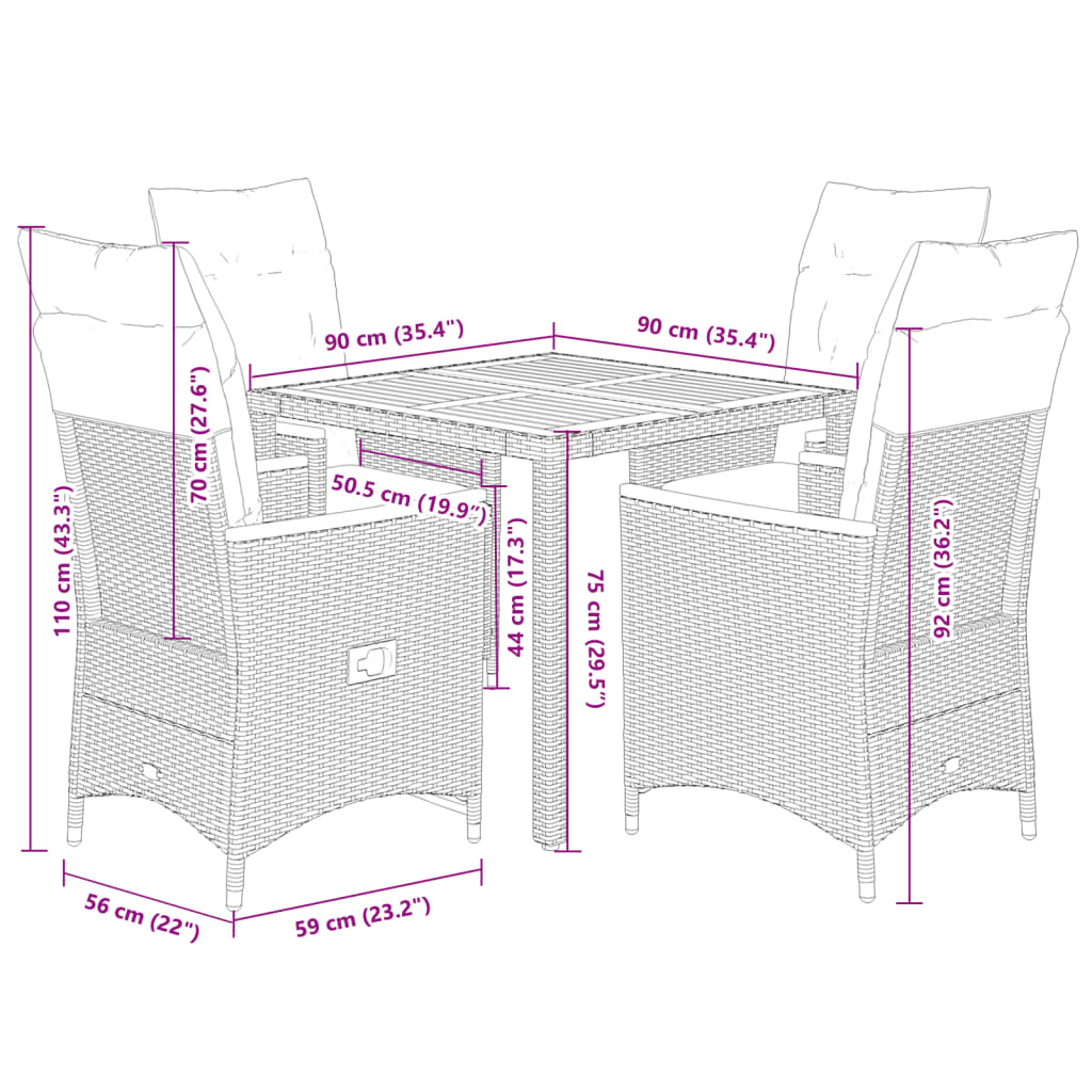 5-dijelni vrtni blagovaonski set sivi od poliratana Siva 90 x 90 x 75 cm