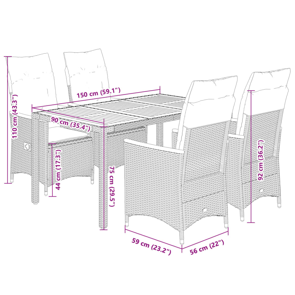 5-dijelni vrtni blagovaonski set sivi od poliratana Siva 150 x 90 x 75 cm