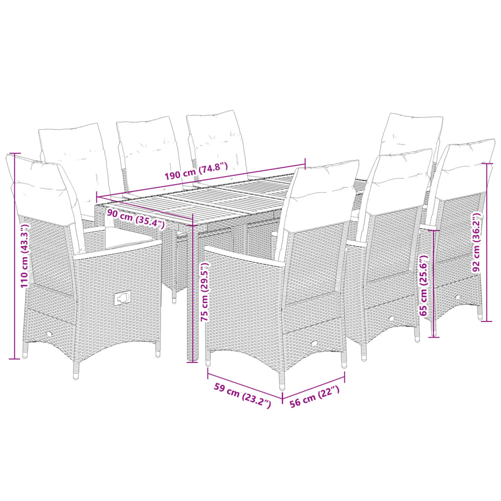 9-dijelni vrtni blagovaonski set sivi od poliratana Siva 190 x 90 x 75 cm