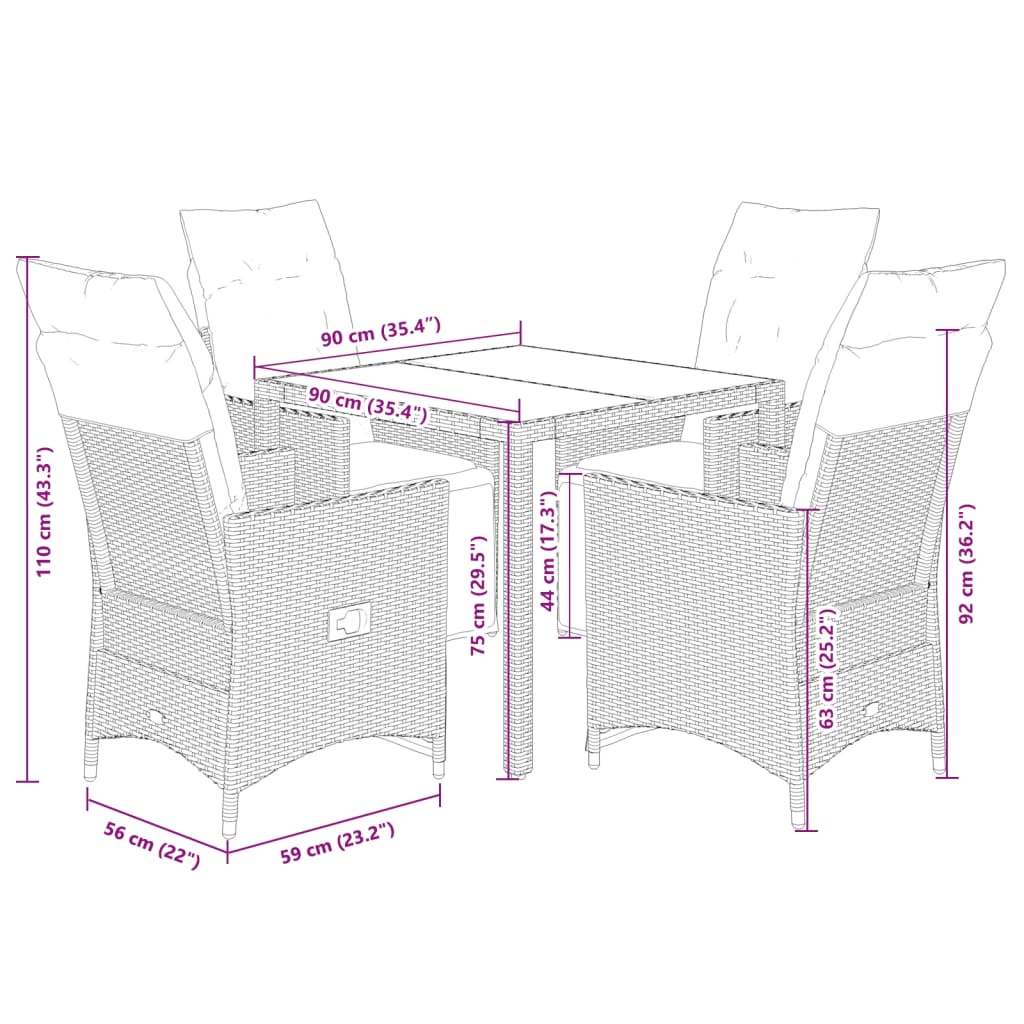 5-dijelni vrtni blagovaonski set s jastucima od poliratana crni Crna 90 x 90 x 75 cm