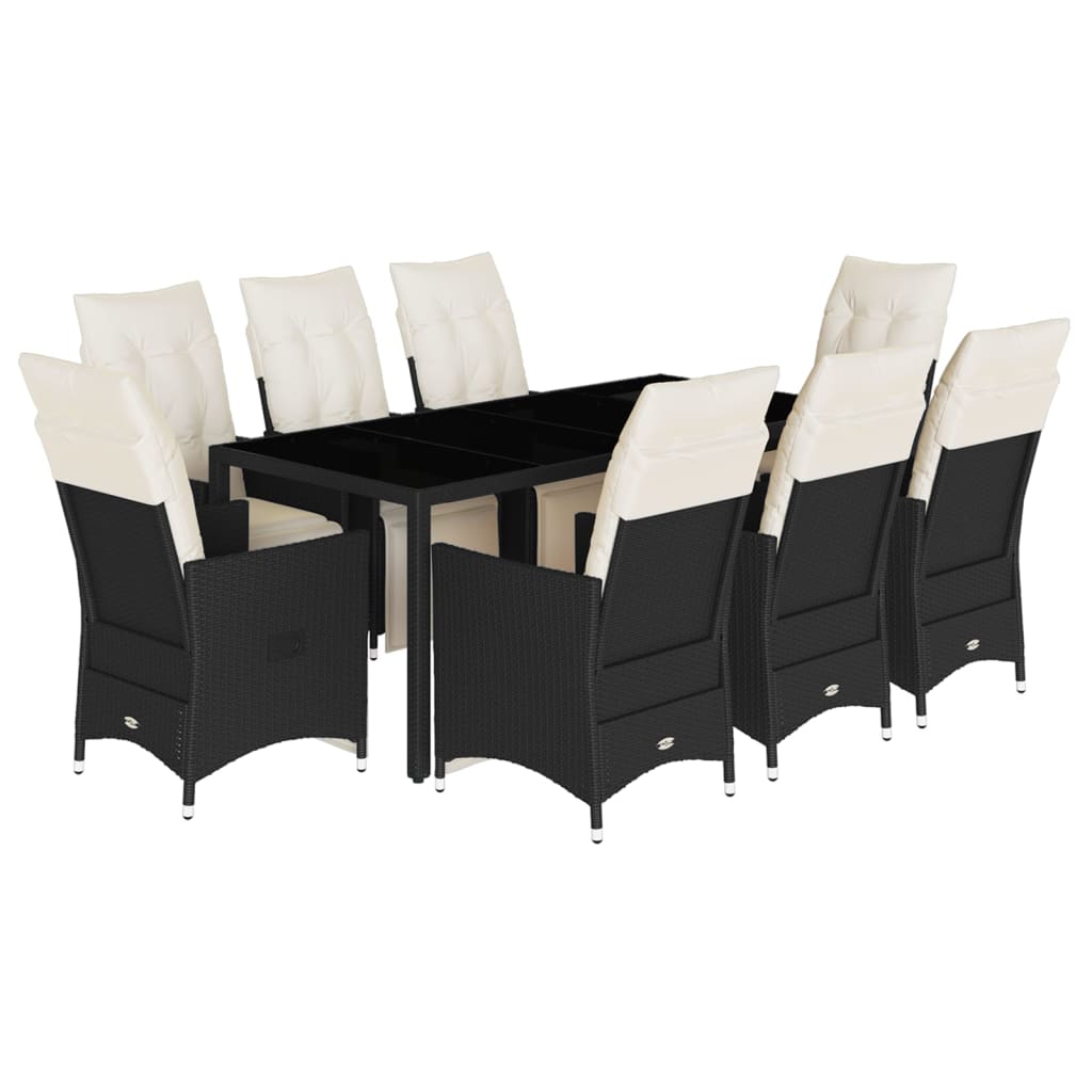 9-dijelni vrtni blagovaonski set s jastucima crni od poliratana Crna 190 x 90 x 75 cm