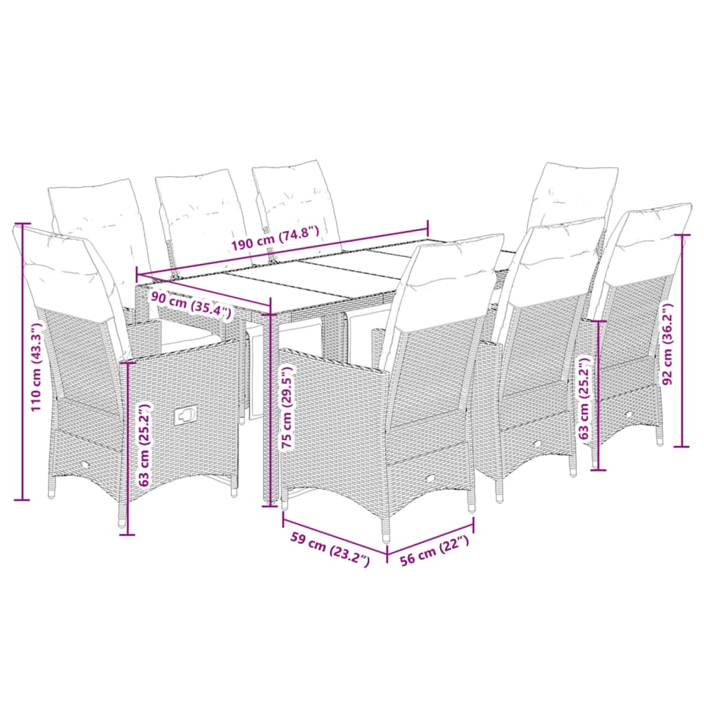 9-dijelni vrtni blagovaonski set s jastucima crni od poliratana Crna 190 x 90 x 75 cm