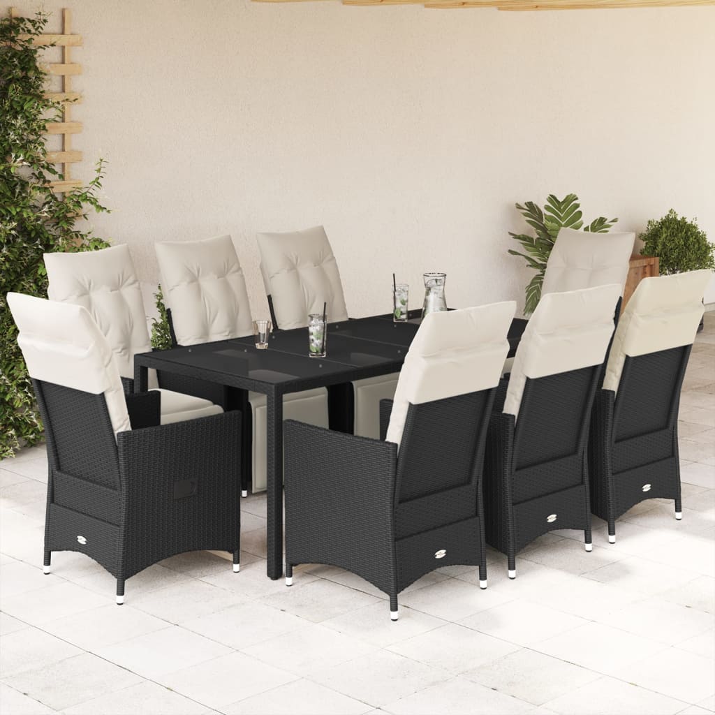 9-dijelni vrtni blagovaonski set s jastucima crni od poliratana Crna 190 x 90 x 75 cm