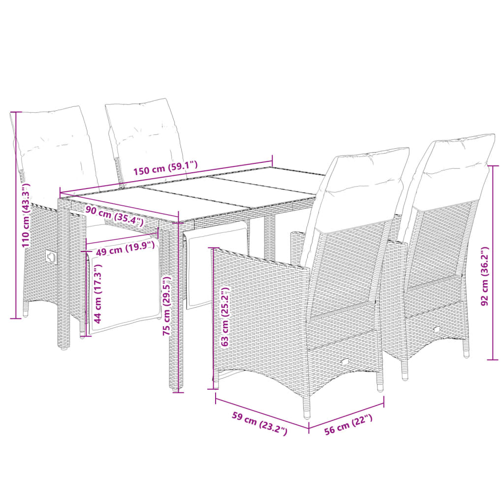 5-dijelni vrtni bistro set od poliratana s jastucima sivi 150 x 90 x 75 cm