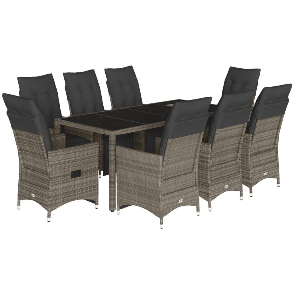 9-dijelni vrtni bistro set od poliratana s jastucima sivi Siva 190 x 90 x 75 cm