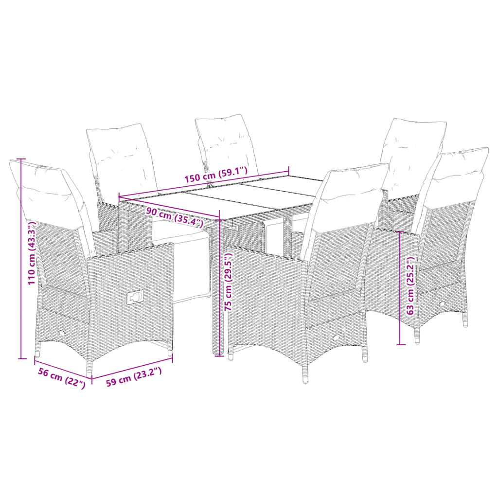 7-dijelni vrtni bistro set od poliratana s jastucima smeđi Smeđa 150 x 90 x 75 cm