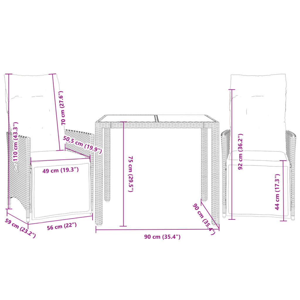 3-dijelni vrtni bistro set od poliratana s jastucima bež 90 x 90 x 75 cm