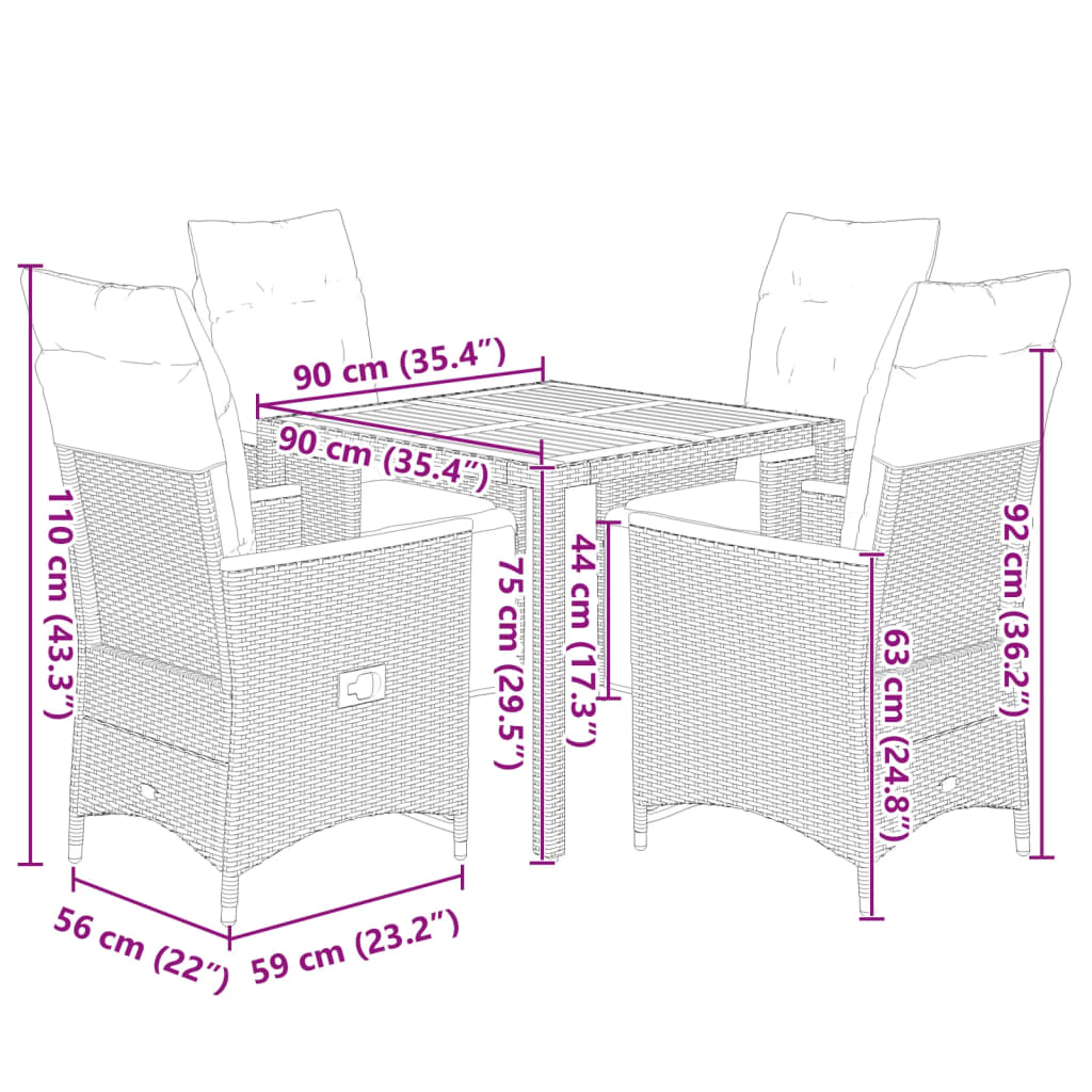 5-dijelni vrtni bistro set od poliratana s jastucima crni Crna 90 x 90 x 75 cm