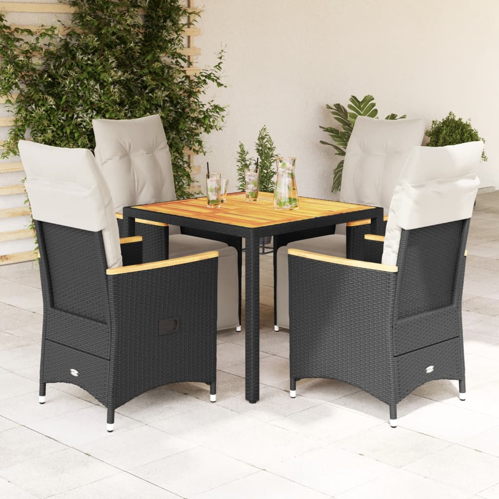 5-dijelni vrtni bistro set od poliratana s jastucima crni Crna 90 x 90 x 75 cm