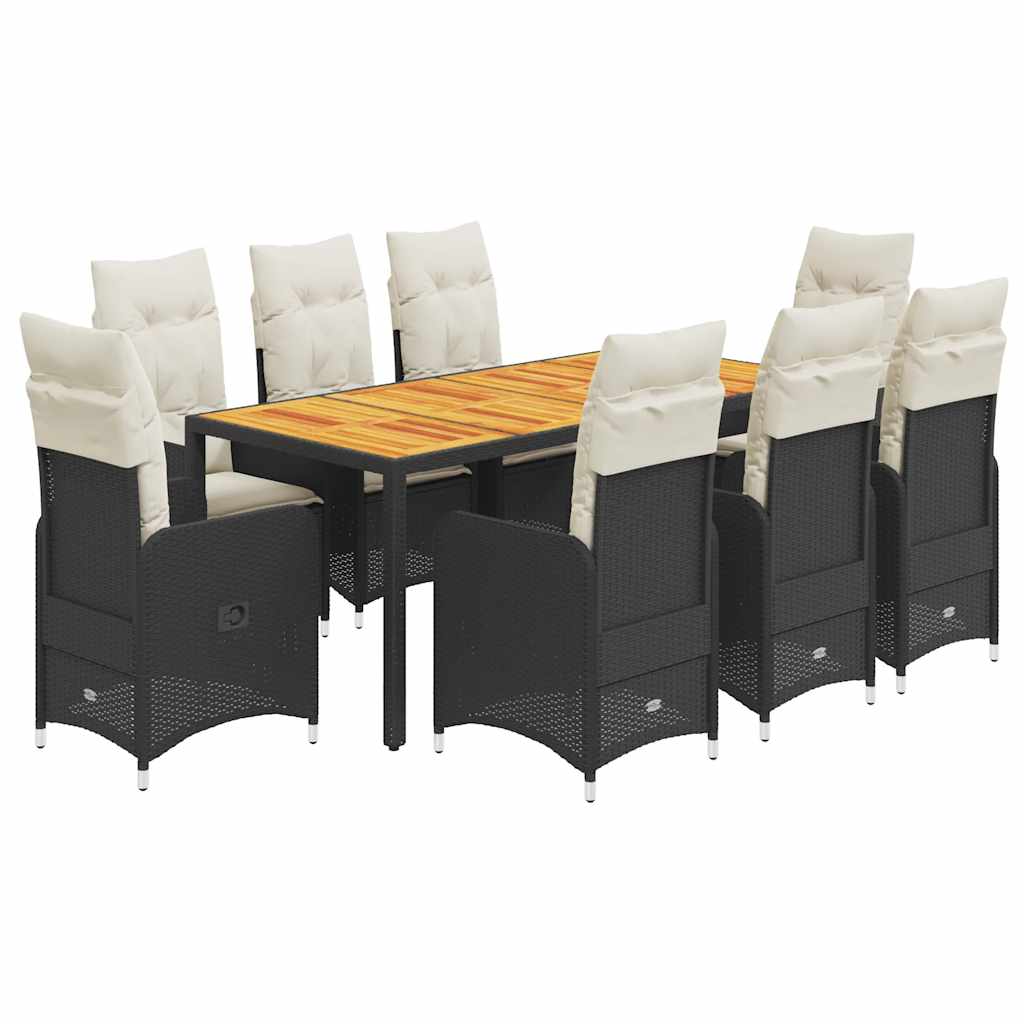 9-dijelni vrtni bistro set od poliratana s jastucima crni Crna 190 x 90 x 75 cm