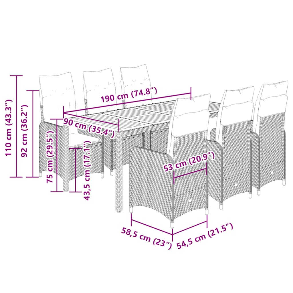 9-dijelni vrtni bistro set od poliratana s jastucima crni Crna 190 x 90 x 75 cm