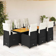 9-dijelni vrtni bistro set od poliratana s jastucima crni Crna 190 x 80 x 75 cm