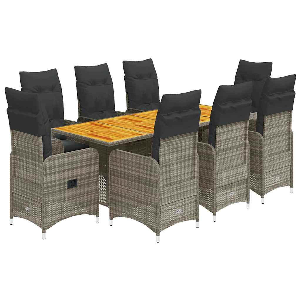 9-dijelni vrtni bistro set od poliratana s jastucima sivi Siva 190 x 80 x 75 cm