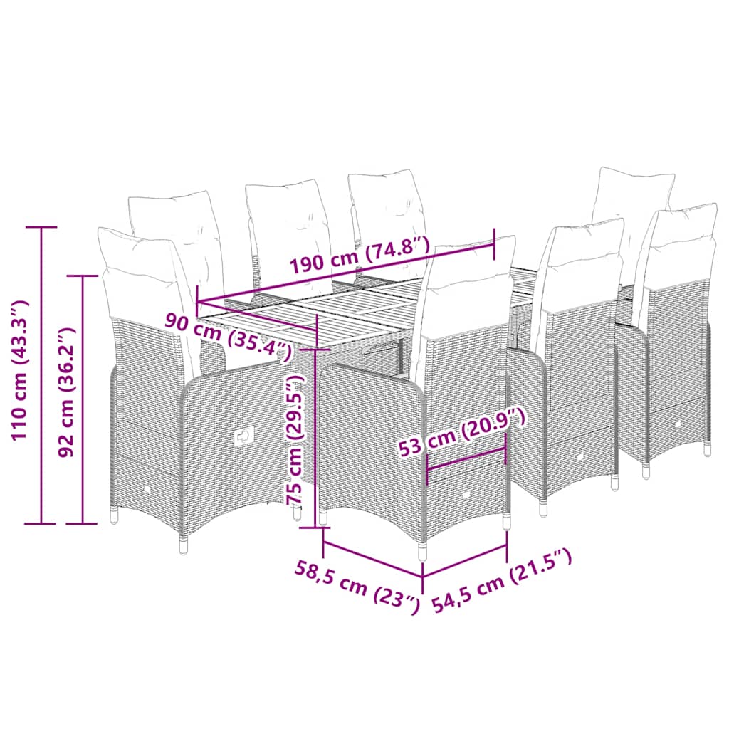9-dijelni vrtni bistro set od poliratana s jastucima sivi Siva 190 x 80 x 75 cm