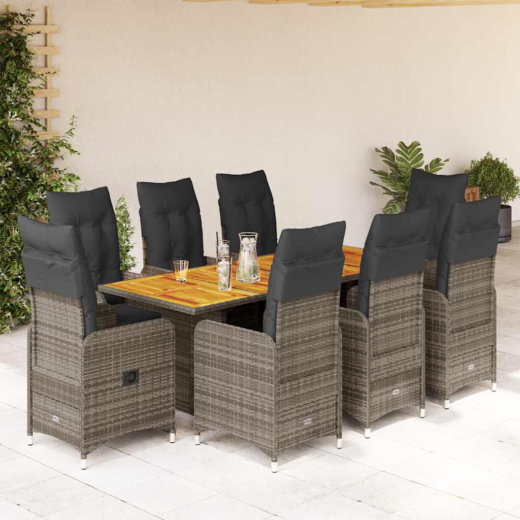 9-dijelni vrtni bistro set od poliratana s jastucima sivi Siva 190 x 80 x 75 cm