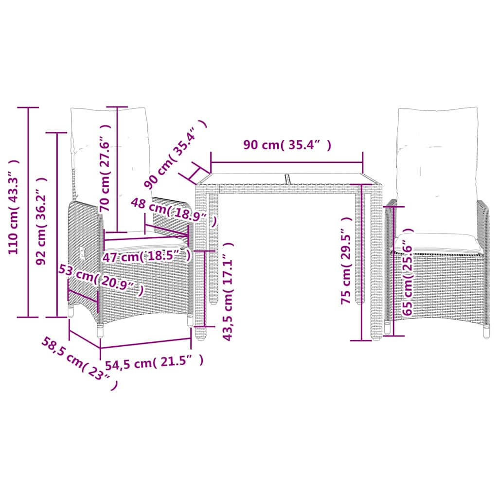 3-dijelni vrtni bistro set od poliratana s jastucima sivi Siva 90 x 90 x 75 cm