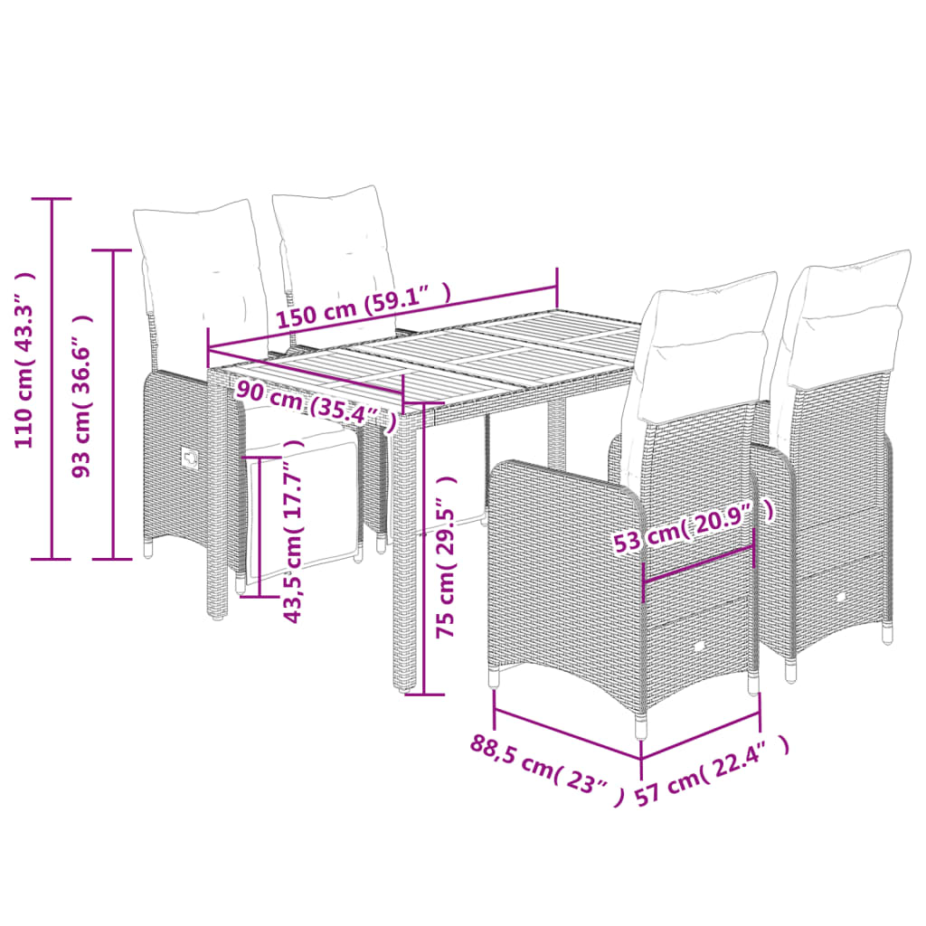 5-dijelni vrtni bistro set od poliratana s jastucima crni Crna 150 x 90 x 75 cm