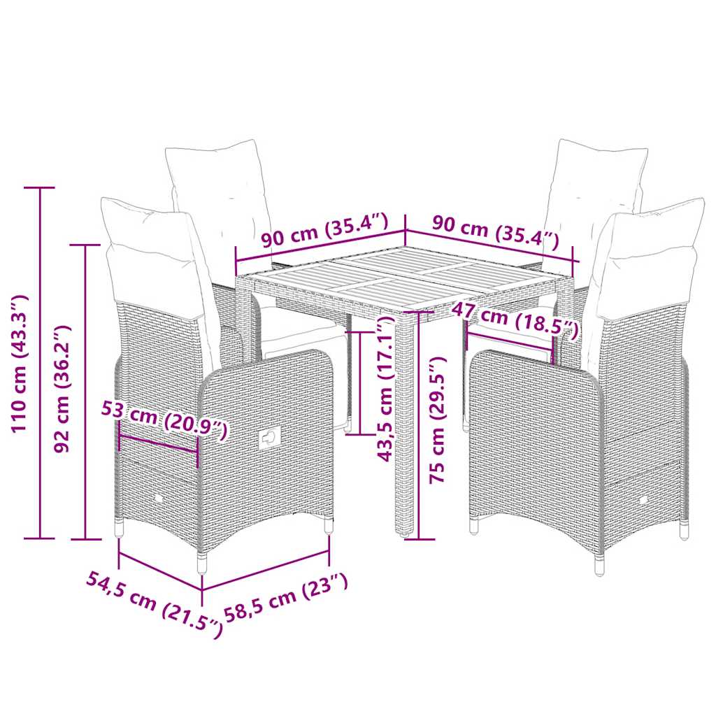 5-dijelni vrtni bistro set od poliratana s jastucima crni Crna 90 x 90 x 75 cm