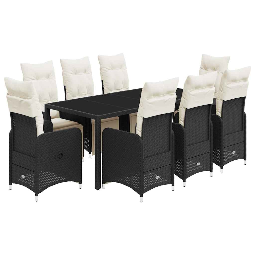 9-dijelni vrtni bistro set od poliratana s jastucima crni Crna 190 x 90 x 75 cm