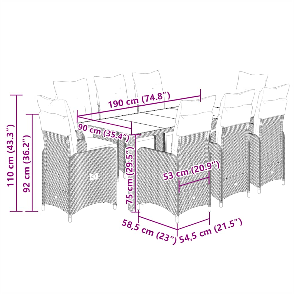 9-dijelni vrtni bistro set od poliratana s jastucima crni Crna 190 x 90 x 75 cm