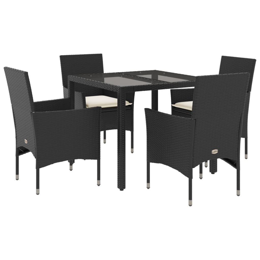 5-dijelni vrtni blagovaonski set s jastucima poliratan i staklo Crna 90 x 90 x 75 cm