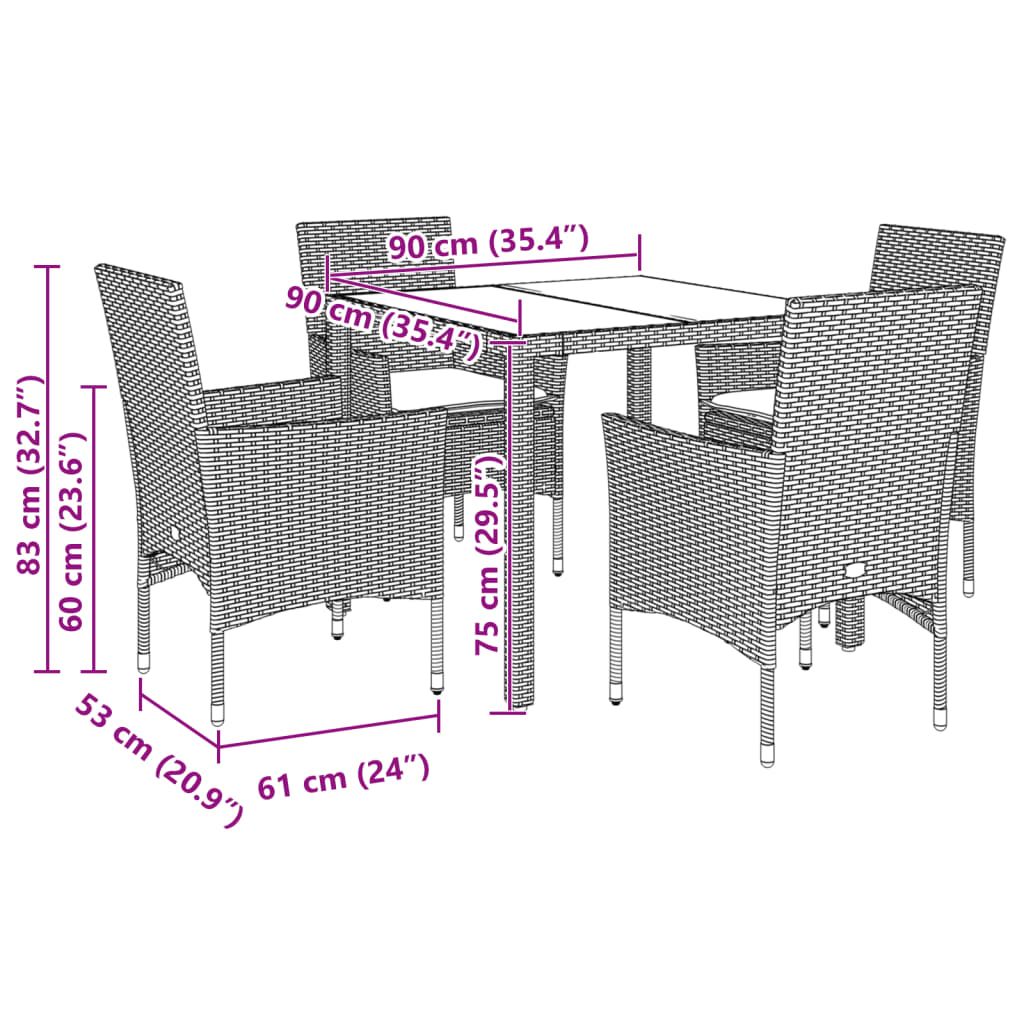 5-dijelni vrtni blagovaonski set s jastucima poliratan i staklo Crna 90 x 90 x 75 cm
