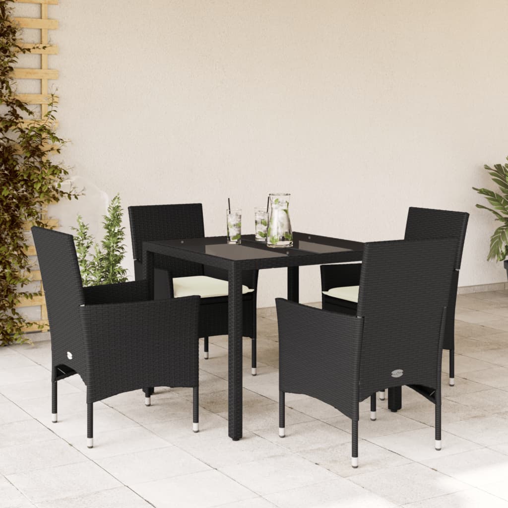 5-dijelni vrtni blagovaonski set s jastucima poliratan i staklo Crna 90 x 90 x 75 cm