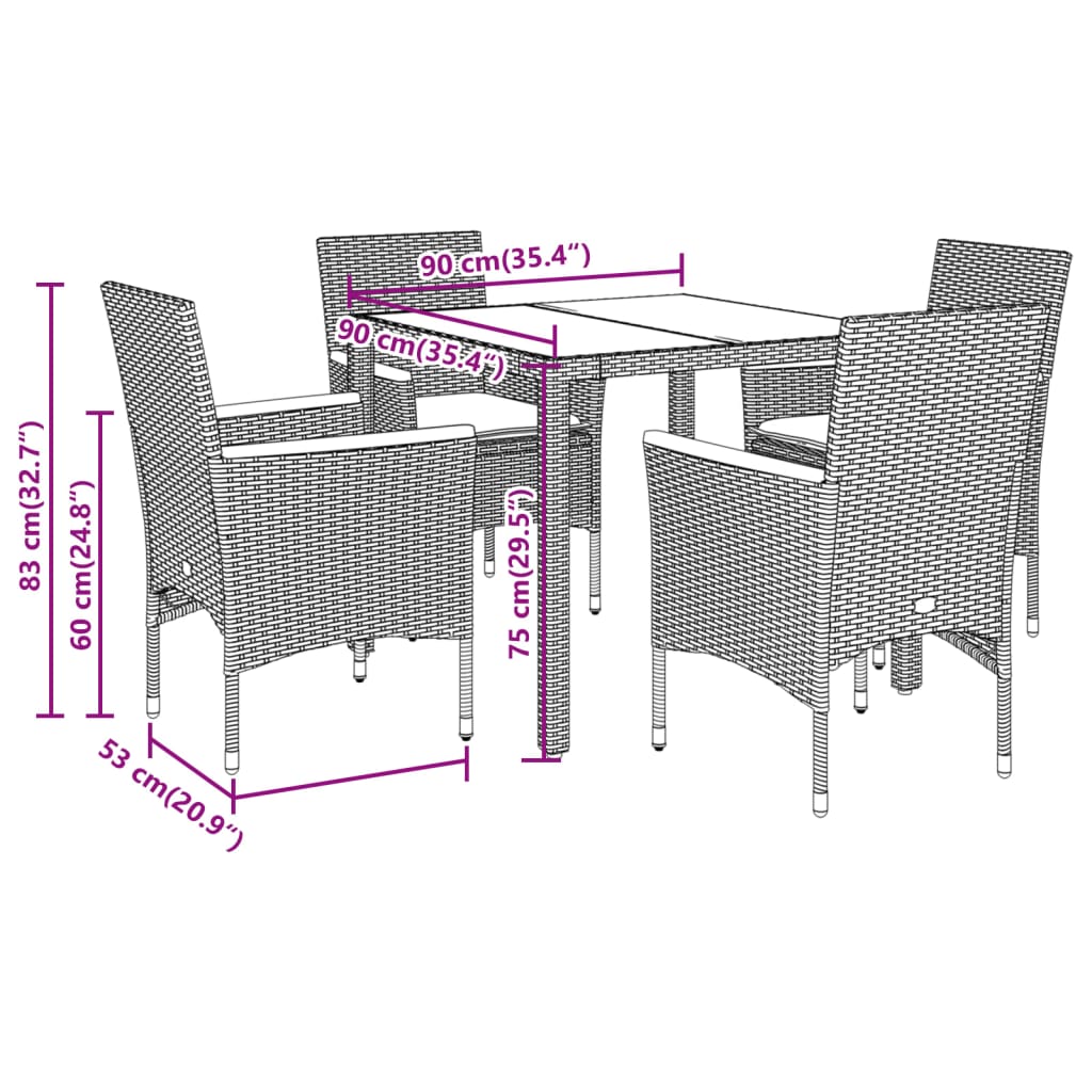 5-dijelna vrtna blagovaonski set s jastucima poliratan i bagrem Crna 90 x 90 x 75 cm