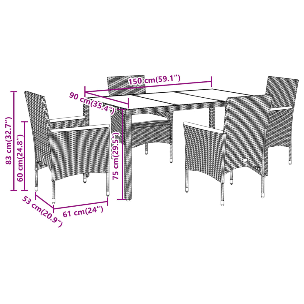5-dijelni vrtni blagovaonski set s jastucima poliratan i staklo Siva 150 x 90 x 75 cm