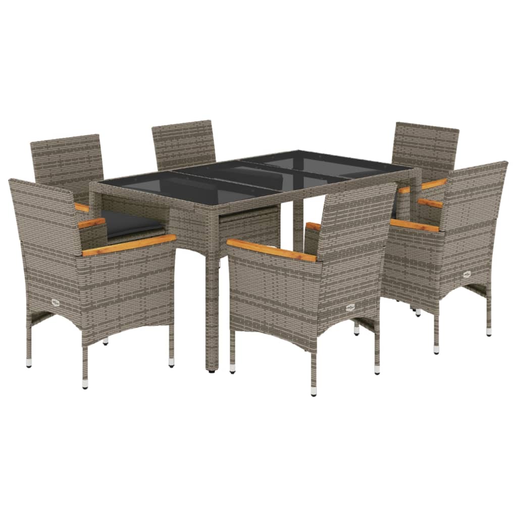 7-dijelni vrtni blagovaonski set s jastucima poliratan i staklo Siva 150 x 90 x 75 cm