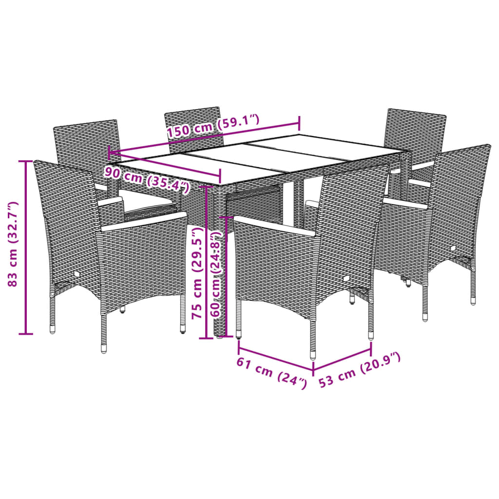 7-dijelni vrtni blagovaonski set s jastucima poliratan i staklo Siva 150 x 90 x 75 cm