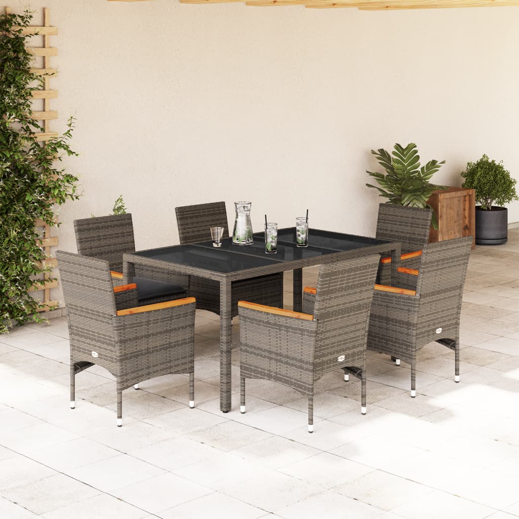 7-dijelni vrtni blagovaonski set s jastucima poliratan i staklo Siva 150 x 90 x 75 cm