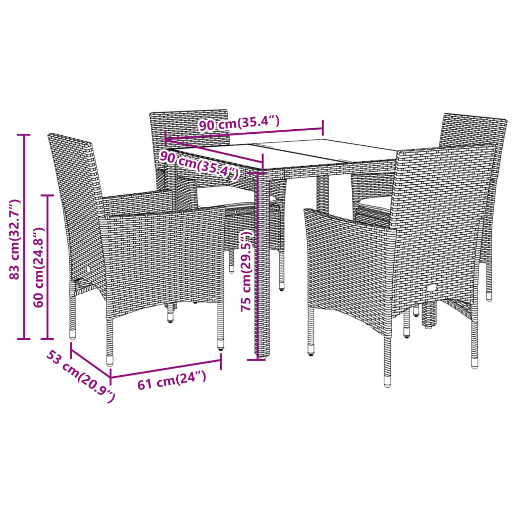 5-dijelni vrtni blagovaonski set s jastucima poliratan i bagrem Crna 90 x 90 x 75 cm