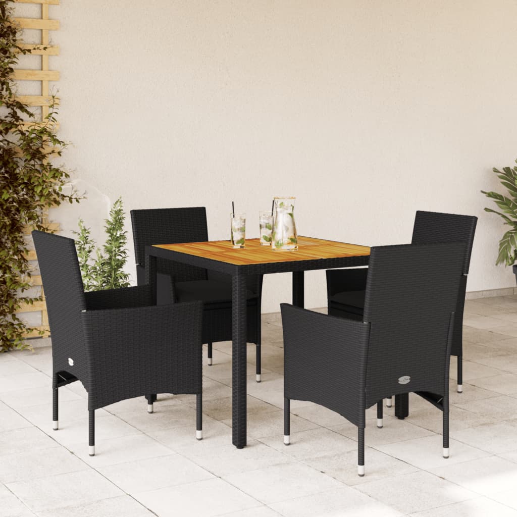 5-dijelni vrtni blagovaonski set s jastucima poliratan i bagrem Crna 90 x 90 x 75 cm