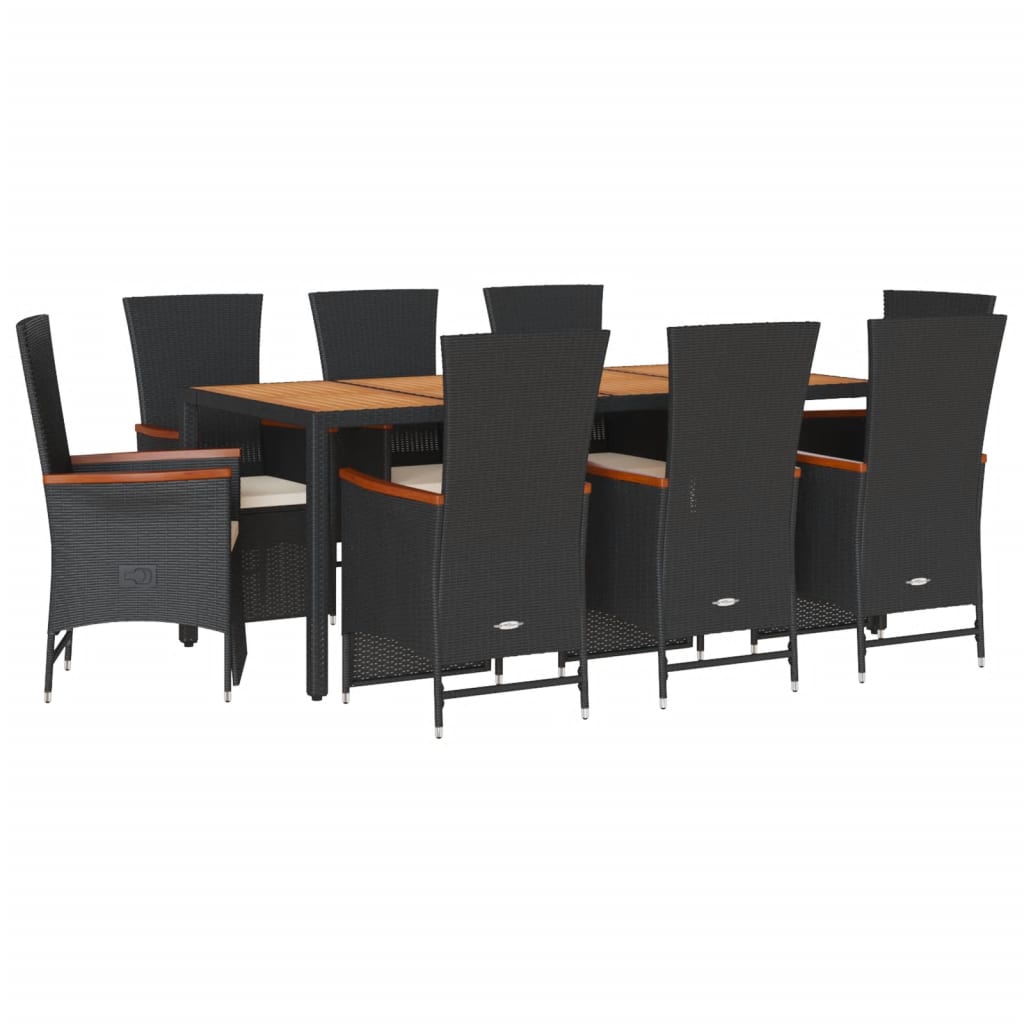 9-dijelni vrtni blagovaonski set s jastucima crni od poliratana Crna Dužina stola 190 cm