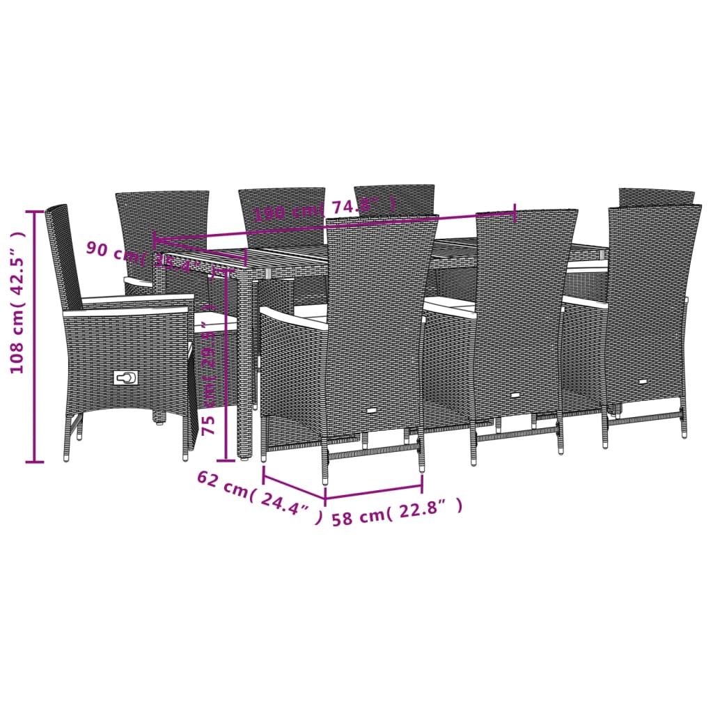 9-dijelni vrtni blagovaonski set s jastucima crni od poliratana Crna Dužina stola 190 cm