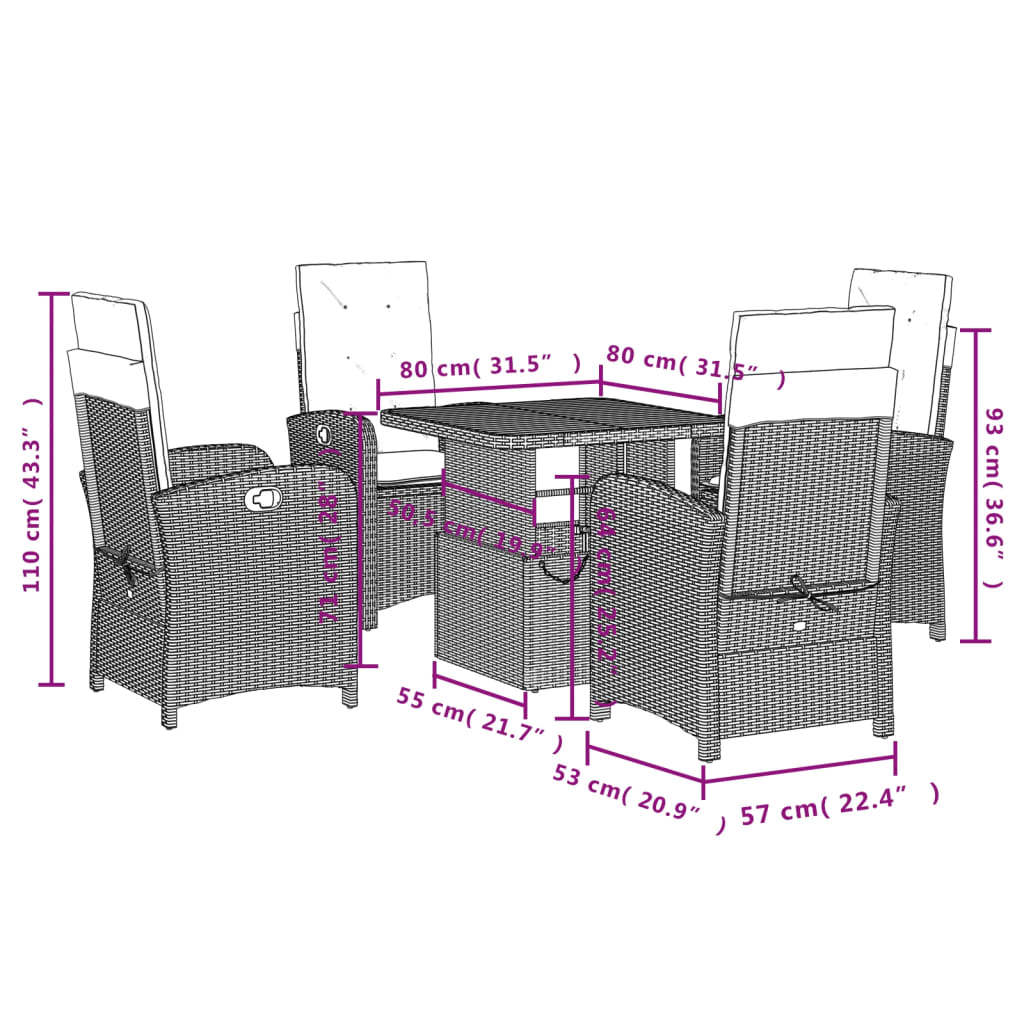 5-dijelni vrtni blagovaonski set s jastucima od poliratana crni Crna 80 cm table length