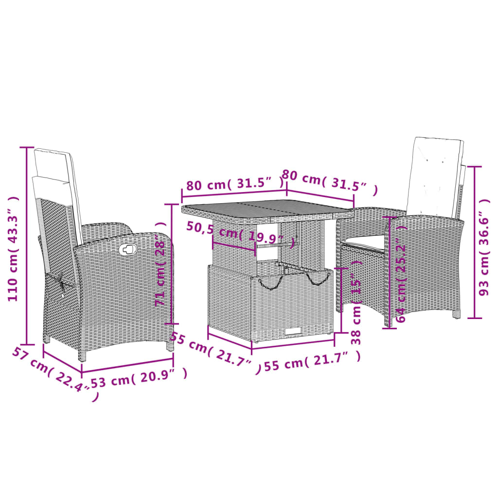 3-dijelni vrtni blagovaonski set s jastucima od poliratana crni Crna 80 cm table length