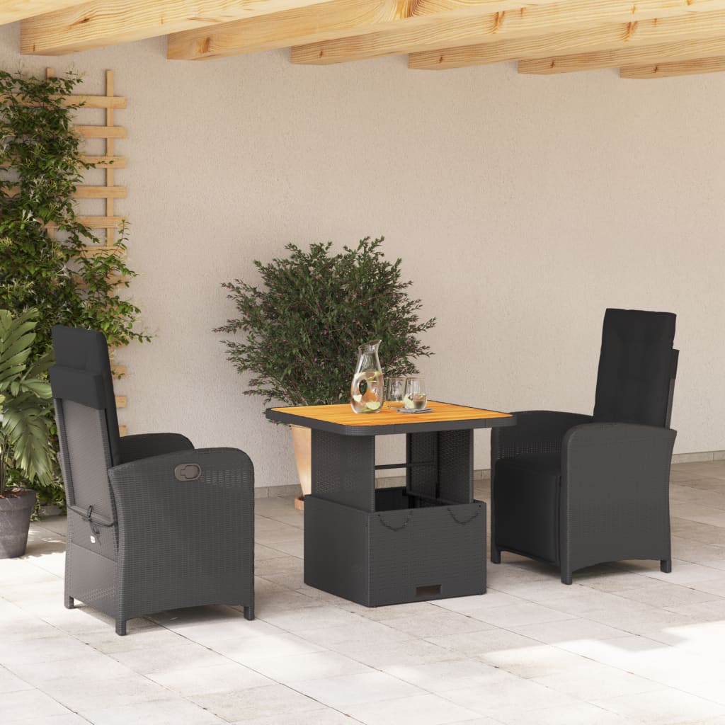 3-dijelni vrtni blagovaonski set s jastucima od poliratana crni Crna Dužina stola 80 cm