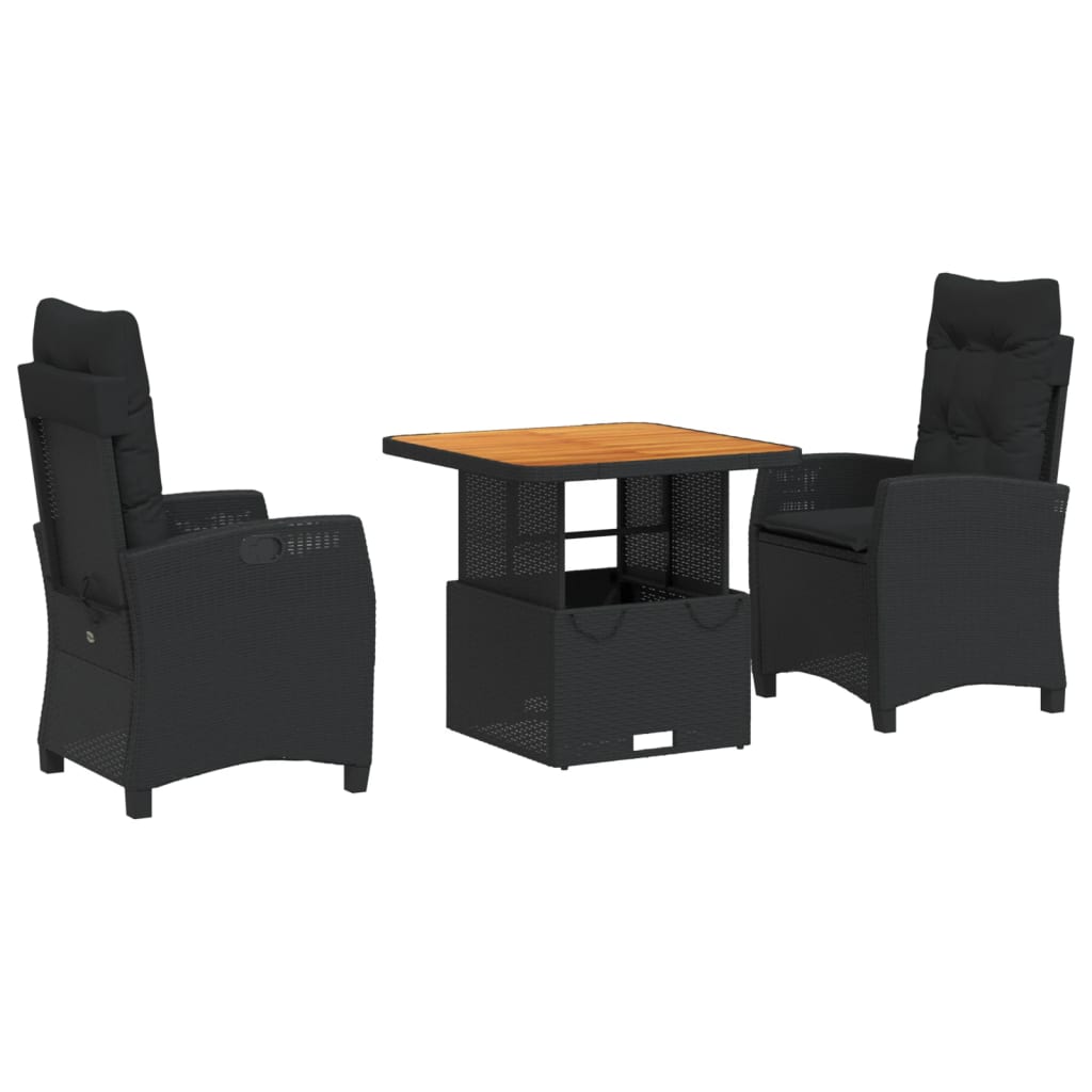 3-dijelni vrtni blagovaonski set s jastucima od poliratana crni Crna 80 cm table length