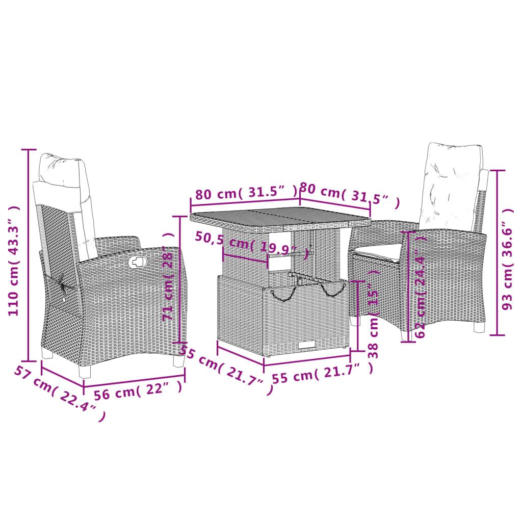 3-dijelni vrtni blagovaonski set s jastucima od poliratana crni Crna 80 cm table length